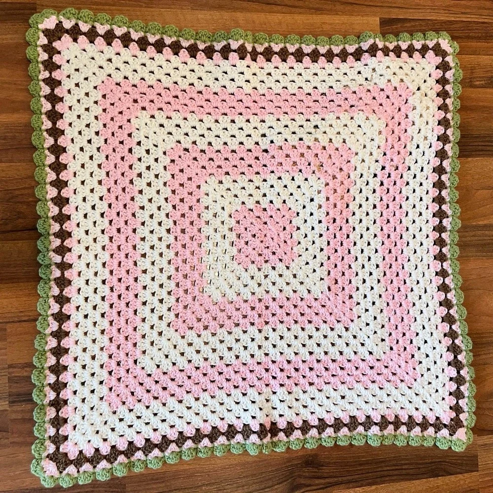 Handmade Crocheted Baby Blanket Bunny White Pink Green Colorful Soft